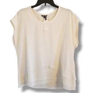 Nic+Zoe Women Size L Tiered Pattern Short Sleeve Minimalist Ivory Blouse Top